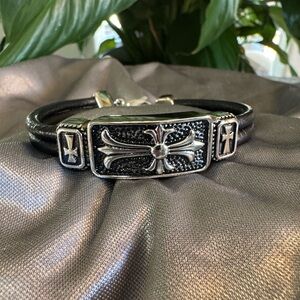 Chisel Black Leather Bracelet with SS Antiqued Cross Design Unisex 8 1/2"